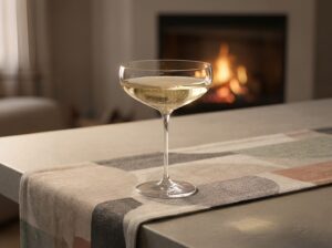 Uusaasta soov 2026. Šampanjaklaas laual, taustal kaminatuli.