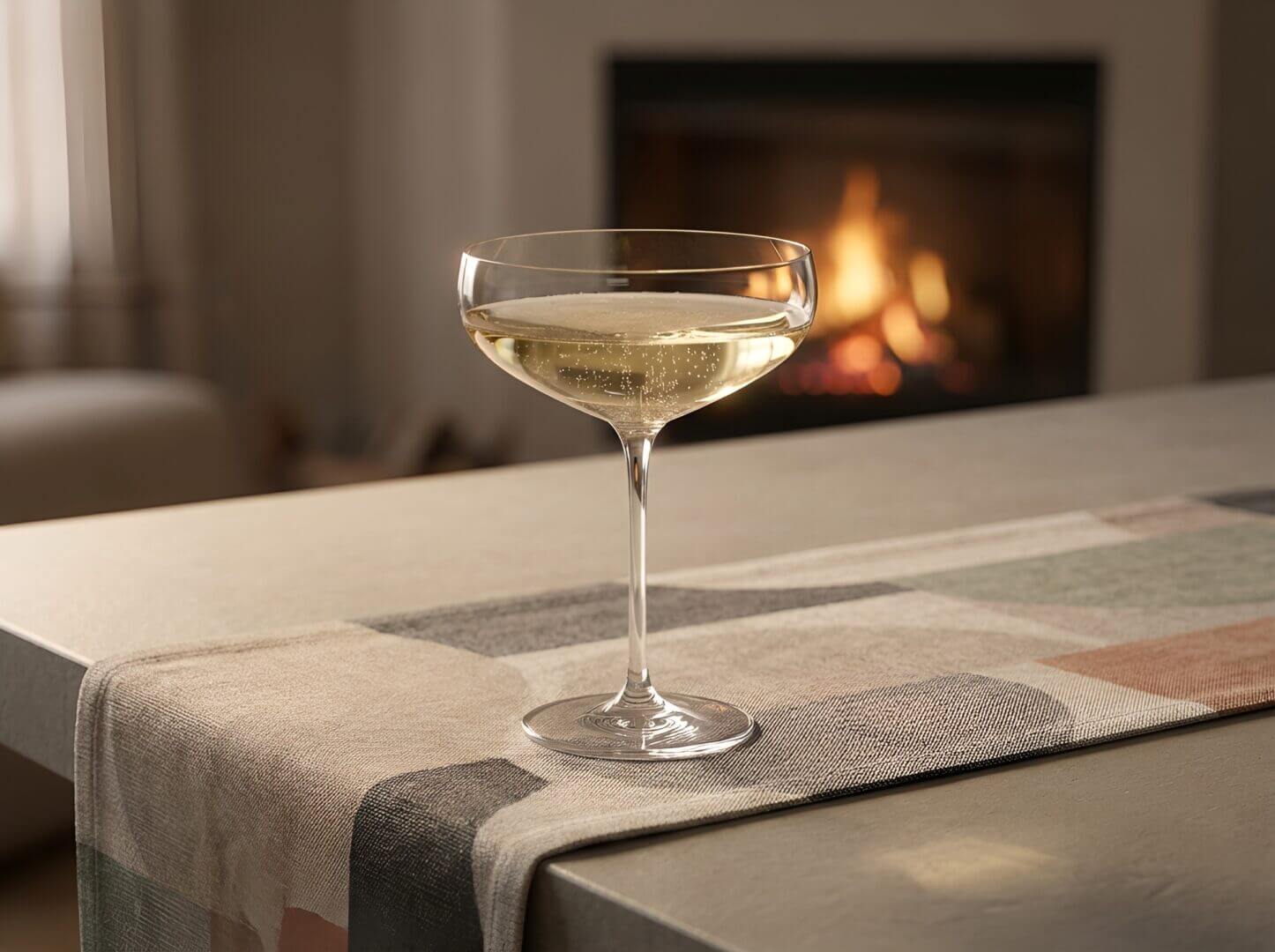 Uusaasta soov 2026. Šampanjaklaas laual, taustal kaminatuli.